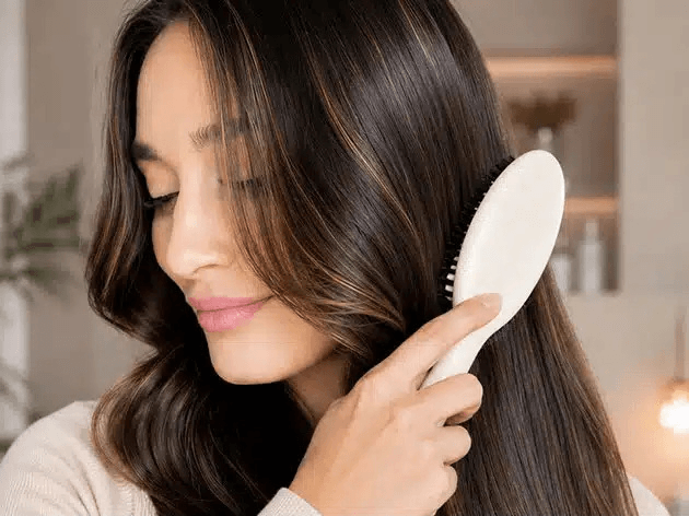 Woman brushing long dark hair with a white paddle brush in a cozy, well-lit room; calm beauty moment.