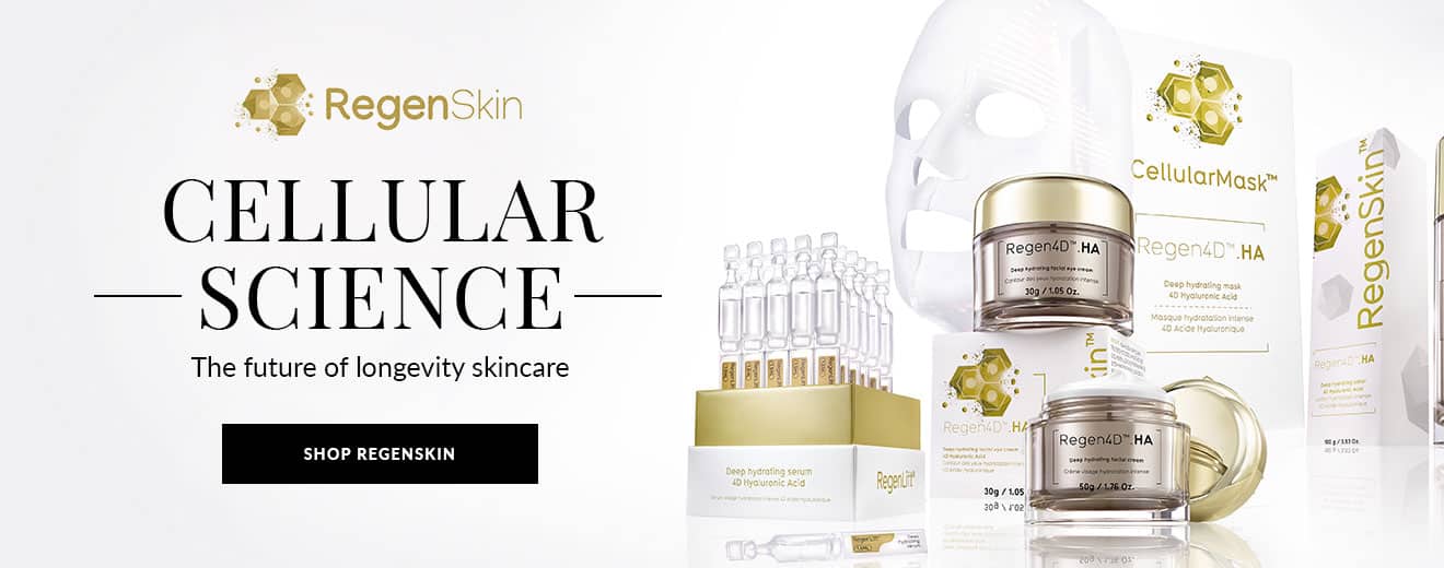 RegenSkin banner with 'CELLULAR SCIENCE' headline and a lineup of skincare jars and boxes on the right, featuring the gold logo on the left.