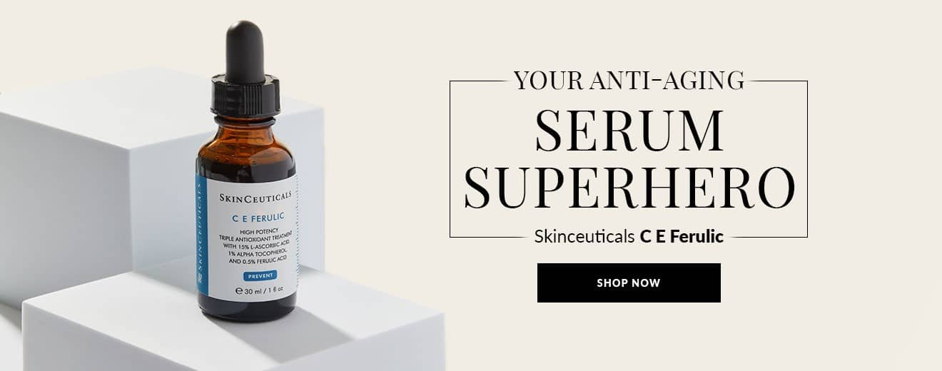 Bottle of SkinCeuticals C E Ferulic serum on white blocks with ad text 'Your Anti-Aging Serum Superhero' and a 'Shop Now' button on beige background.
