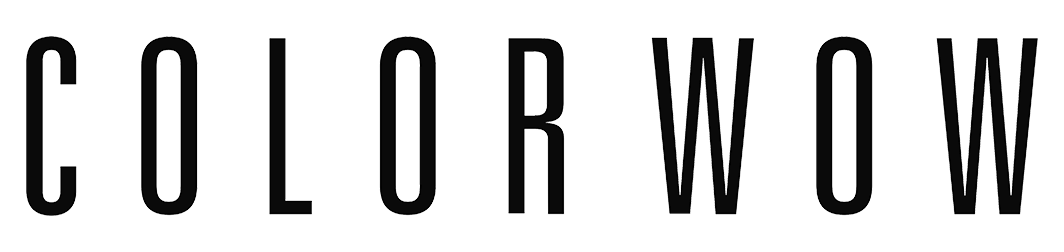 COLOR WOW wordmark in tall outlined letters on a black background.